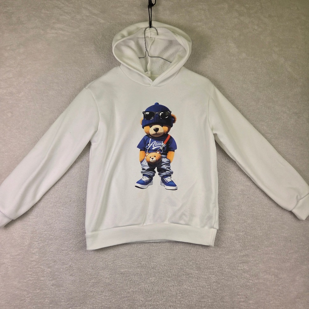 SHEIN Kids White Streetwear Teddy Bear Graphic Hoodie Size 11-12Y Pullover